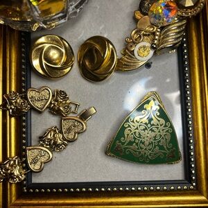 Vintage Freirich Green Enamel & Gold Baroque Statement Brooch